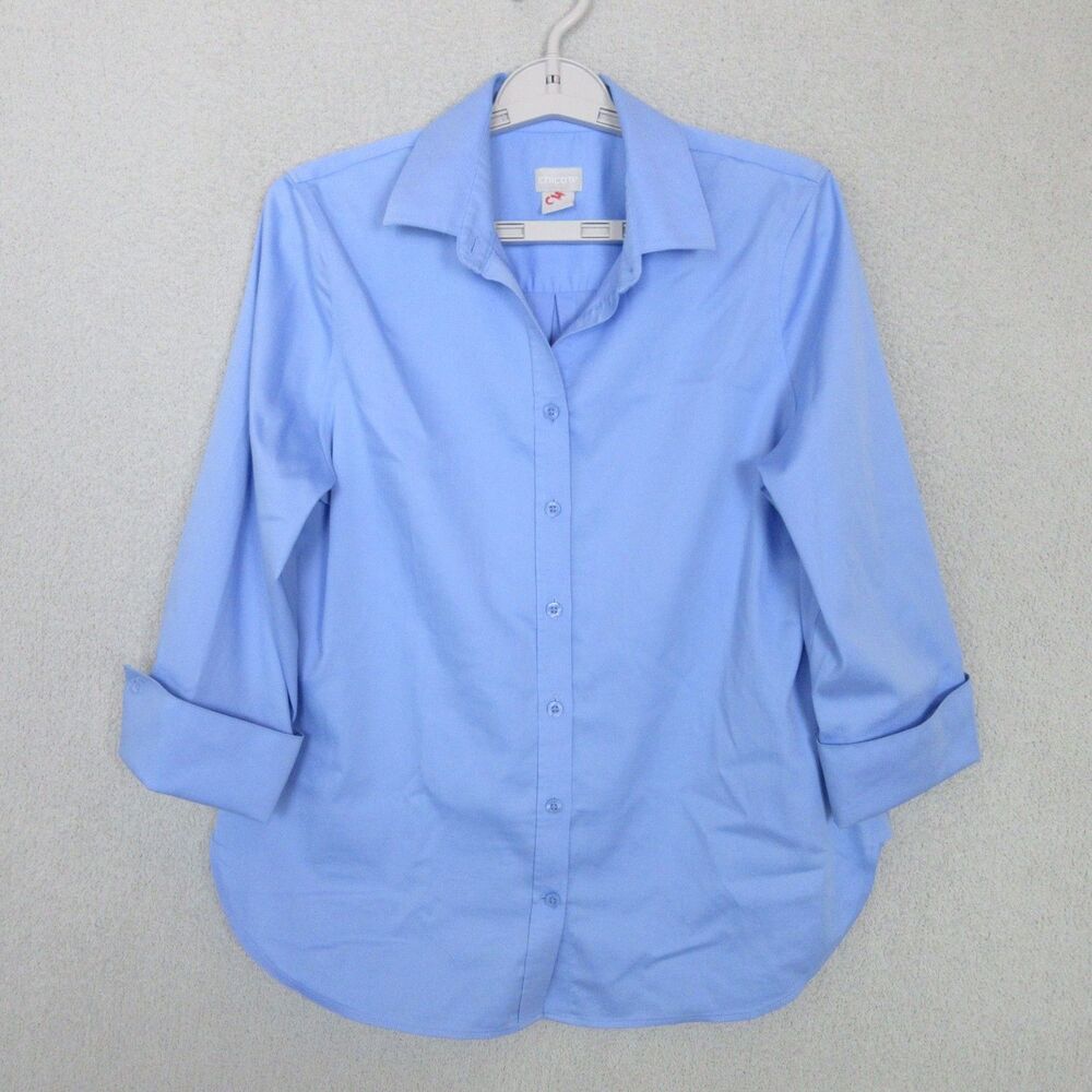 Chicos Button Up Shirt Womens 4 Light‎ Blue No Iron Cotton Blend Long Sleeve